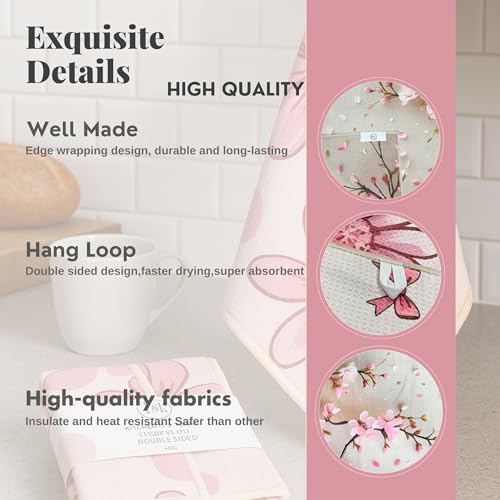 Microfiber Waffle Weave Kitchen Towels Set 2-Pack Quick Dry & Ultra Absorbent Dish Towels Reusable 26x16 Inch Paper Towel Alternative (Floral Design) (Pink)