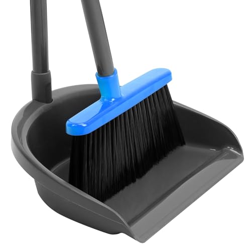 REEWII Broom and Dustpan Set ，Long Handle Broom with Upright Standing Dust pan for Indoor Outdoor Home Kitchen Office Floor Cleaning - color: Blue