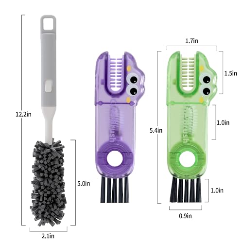 Peitushengjin Bottle Brush Cleaning Set: 12.2-inch Long-Handled Bottle Brush, Bottle Gap Cleane and, Cup Lid Cleaning Brush - color: 1 Gray Brush, 1 Green Brush, 1 Purple Brush