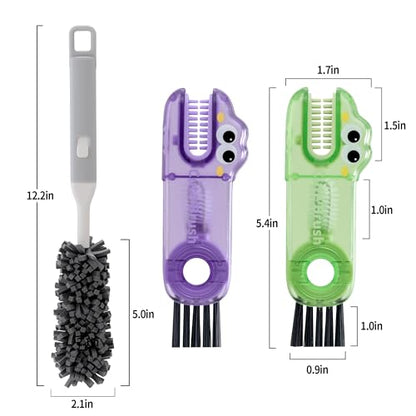 Peitushengjin Bottle Brush Cleaning Set: 12.2-inch Long-Handled Bottle Brush, Bottle Gap Cleane and, Cup Lid Cleaning Brush - color: 1 Gray Brush, 1 Green Brush, 1 Purple Brush