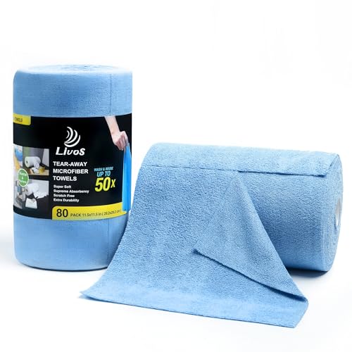 LIVOS Microfiber Cleaning Cloth Roll - 80 Pack, Reusable Paper Towels Blue Tear Away, Microfiber Towels for Cars, Super Absorbent Lint Free Cleaning Rags for House, Kitchen, Window-11.5"x11.5" - color: Blue