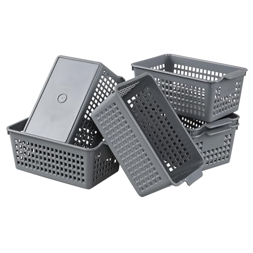 6 Pack Small Plastic Storage Baskets, Plastic Baskets Organizer Bins, Gray