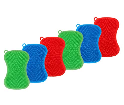 6 Pack Silicone Scrubbing Sponge by SCRUBIT - Real Silicon Non Scratch & Non Smell Kitchen Scrubber Pad for Dishes, Fruit, Vegetable - Reusable Cleaning Sponges - Multi-Colored Pads [Red, Green, Blue]