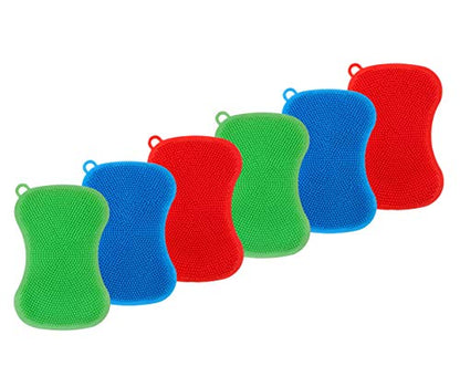 6 Pack Silicone Scrubbing Sponge by SCRUBIT - Real Silicon Non Scratch & Non Smell Kitchen Scrubber Pad for Dishes, Fruit, Vegetable - Reusable Cleaning Sponges - Multi-Colored Pads [Red, Green, Blue]