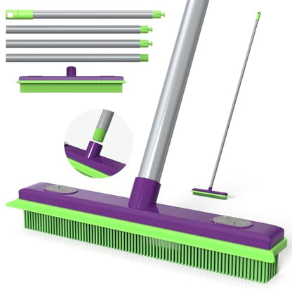 Rubber Broom Pet Hair Remover, Silicone Squeegee Brooms for Floor, Tile, Windows, Carpet Cleaning, 4-Section Pole up to 58 inches