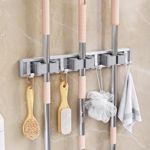 Mop and Broom Holder Wall Mount.Adjustable Tool Organizer Rack with Sliding Hooks, Heavy Duty Drill-Free Broom Hanger for Kitchen, Garage & Laundry Room Storage. (large) - size: large