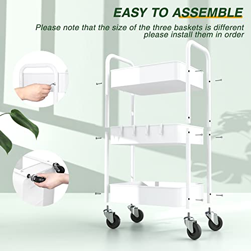 LEHOM 3 Tier Rolling Cart, Metal Rolling Utility Cart with Lockable Wheels & Hooks, Multi-Functional Heavy Duty Storage Cart Organizer for Bathroom, Kitchen, Office, Living Room - color: White