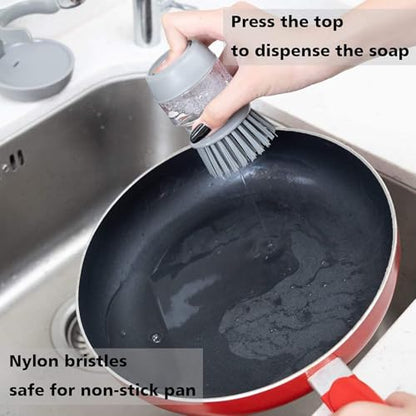 Automatic Liquid-Adding Kitchen Cleaning Dish Brush with Soap Dispenser, Dishwashing Kitchen Scrub Brushes Dish Scrubber with Holder Drip Tray, for Cleaning Pan, Pot, Sink