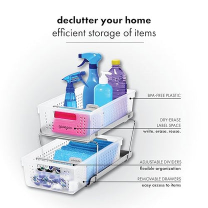madesmart 2 Tier Bath Organizer,Undersink Storage with Sliding Drawers,for Cleaning Supplies, Pantry, Sponges,Bottles&Kitchen Essentials,Adjustable Dividers&Pull Out Sliding Baskets,Frost, (Pack of 2) - size: 2-Pack