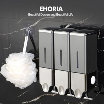 EHORIA 3-in-1 Quadrate Dispensers for The Shower,Shower soap Dispenser,Conditioner Dispenser, Shampoo Dispenser,No Drilled Wall Mounted Distributor,Hotel,Bathroom,Home - color: Triple, Grey