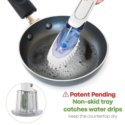 RIMAY Dish Brush with Soap Dispenser Storage Set, Soap Dispensing Dish Brush with 2 Pcs Brush Refills & Holder, Kitchen Dish Washing Wand with Handle for Dishes/Pans/Pots/Sink (White) - color: White-green