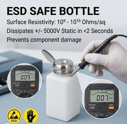 ESD Solvent Dispenser Bottle, Anti Static Press Pump Dispensing for Lab Workbench HDPE Stainless Steel White 200ml 1 Pack