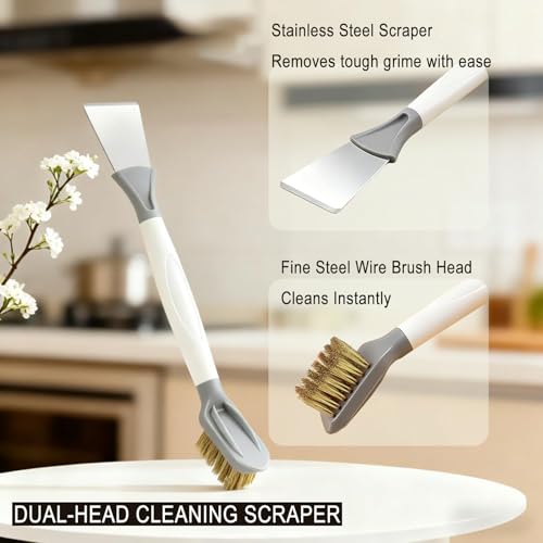 2-Piece Set Handheld Dish Brush with Brass Scrubber and Steel Scraper for Stubborn Grease - Dual-Head Cleaner for Pots, Pans, Stovetop, Sink