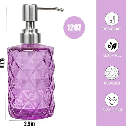 12Oz Purple Soap Dispenser Bathroom - 2 Pack, Clear Glass Hand Soap Dispensers with Stainless Steel Pump, Refillable Dish Soap Dispenser for Kitchen, Countertop Soap Dispensers - color: Diamond Purple（2-pack）