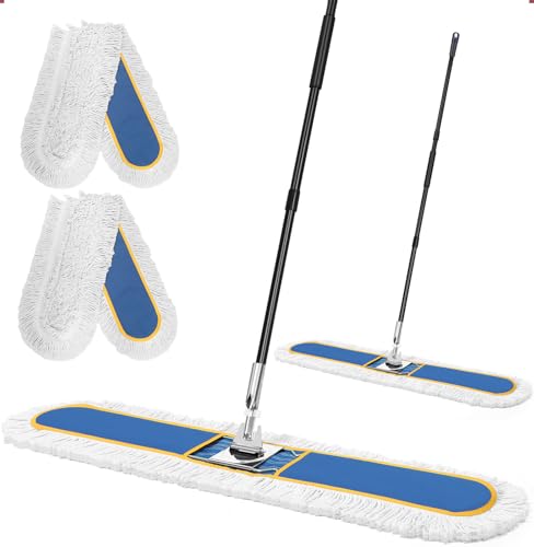 CLDREAM 48" Large Commercial Industrial Dust Mop for Floor Cleaning | 2 Washable Cotton Mops Pads/Wet Dry Floor Duster Broom for Hardwood Floors Marble Laminate Tile Concrete Garage/Blue - color: Blue, size: 48 inch