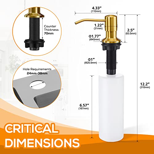 Gold Soap Dispenser for Kitchen Sink, Built in Dish Soap Dispenser Brushed Gold Stainless Steel Pump Head, Counter Soap Lotion Dispenser Refill from The Top with 17 Oz PE Bottle - color: Brushed Gold