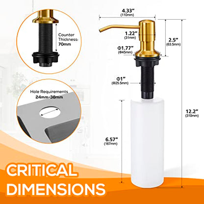 Gold Soap Dispenser for Kitchen Sink, Built in Dish Soap Dispenser Brushed Gold Stainless Steel Pump Head, Counter Soap Lotion Dispenser Refill from The Top with 17 Oz PE Bottle - color: Brushed Gold