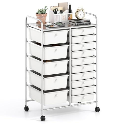 RELAX4LIFE 15-Drawer Rolling Storage Cart - Utility Cart with Metal Frame, Lockable Wheels & Removable Drawers, Multipurpose Art Craft Organizer for Home Office, Classroom (White) - color: White, style: 15 Drawers-38"