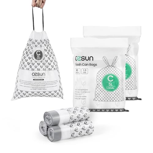 Cesun Code C Drawstring Trash Bags 90 Count, Pre Cut 1.3 Gallon / 5 Liter Small Trash Can Liners, White