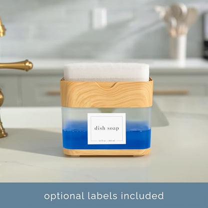 S&T INC. Dish Soap Dispenser and Sponge Holder for Kitchen Sink, Waterproof Labels and Sponge Included, 13 Ounces, Plastic, Bamboo - color: Bamboo