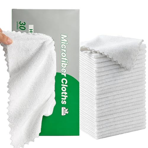 30 Pack Microfiber Cleaning Cloths, Dish Towels for Kitchen, Cleaning Rags for Car, Window, Bathroom, Household, Ultra Absorbent Cleaning Supplies Lint Free Streak Free, Reusable & Washable (White) - color: White