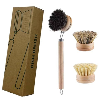 Bamboo Dish Brush - Kitchen Scrub Brushes with 3 Replacement Heads | Natural Bristle | Sisal | Horse Hair - Pot Brush with Wooden Handle for Cleaning Grills, Pans, Stoves