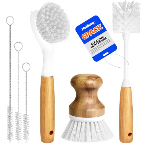 Holikme 6 Pack Dish Brush Scouring Pad Set with Bottle Brush, Dish Brush, Palm Scrub Brush and Straw Brush, Dish Scrubber Long Handle for Dish Bottle Cup Skillet Wok Pot Pan Cast Iron, White - color: White