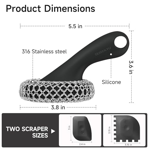 SUBEKYU Cast Iron Scrubber with Silicone Handle, Stainless Steel Skillet Cleaner for Cast Iron Pans (Black Scrubber + Scraper) - color: Black Scrubber + Scraper