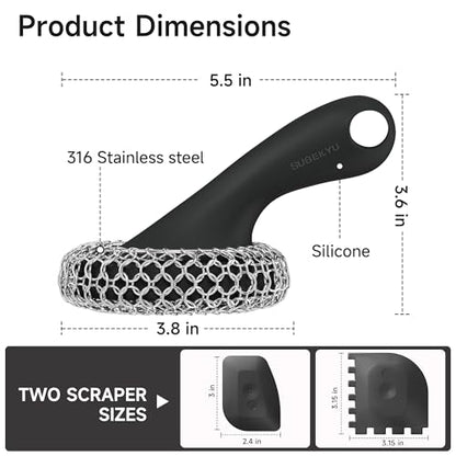 SUBEKYU Cast Iron Scrubber with Silicone Handle, Stainless Steel Skillet Cleaner for Cast Iron Pans (Black Scrubber + Scraper) - color: Black Scrubber + Scraper