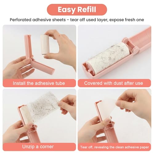 12 Pack Foldable Travel Lint Roller, Washable Foldable Lint Remover, Portable Cleaning Roller with 4 Handles & 8 Refills, Reusable Pet Hair Remover for Clothes with Protective Cover