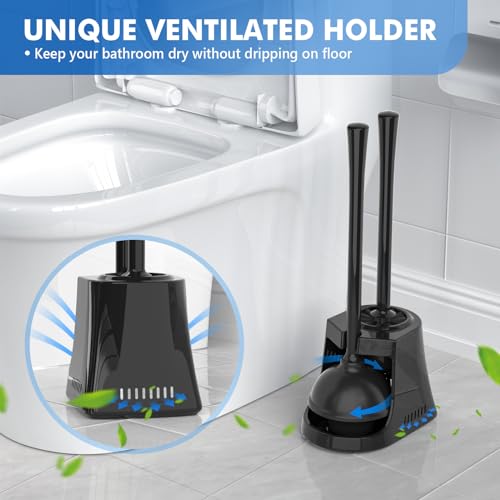 LOVLOY Toilet Plunger and Brush, Bowl Brush and Heavy Duty Toilet Plunger Set with Ventilated Holder, 2-in-1 Toilet Brush and Plunger Combo for Bathroom Cleaning (2, Black) - color: Black