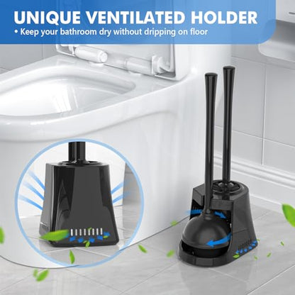 LOVLOY Toilet Plunger and Brush, Bowl Brush and Heavy Duty Toilet Plunger Set with Ventilated Holder, 2-in-1 Toilet Brush and Plunger Combo for Bathroom Cleaning (2, Black) - color: Black