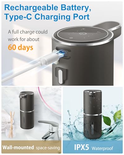 Automatic Foaming Soap Dispenser,4-Level Adjustable Foam, Wall Mount, USB Rechargeable,12.8oz/ 380ml,Touchless Hand & Dish Soap Dispenser for Bathroom, Kitchen,Hotel, Restaurant - color: Metallic Grey Black, style: Foam