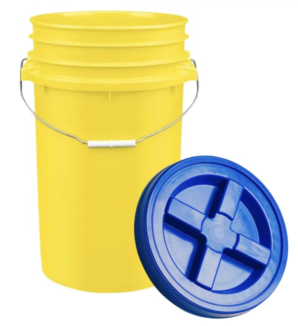 House Naturals Plastic Food Grade Made in USA Bucket with lid, Large 7 Gallon Container Comes with Screw On Lid (1, Yellow with Blue lid) - color: Yellow With Blue Lid