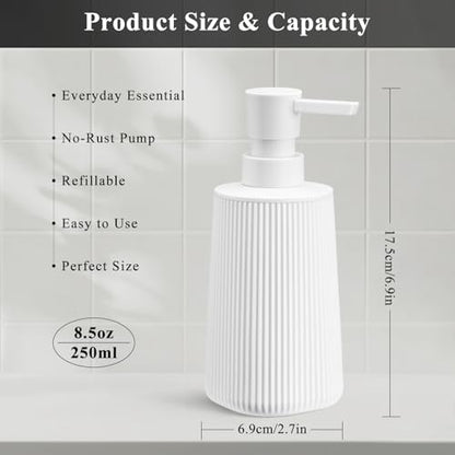 White Hand Soap Dispenser with No Rust Pump for Bathroom and Kitchen Countertops Refillable Striped Matte Plastic 8.5 oz - color: White