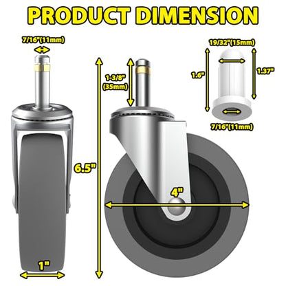 4 Inch Swivel Stem Caster Wheels, 7/16-Inch Stem Diameter Rubber Castors, Heavy Duty TPR Replacement Wheels for Utility Carts Rubbermaid Mop Bucket Shop Vac Weber Grills - 4 Pack - style: 4 Inch-7/16"x1-3/8"