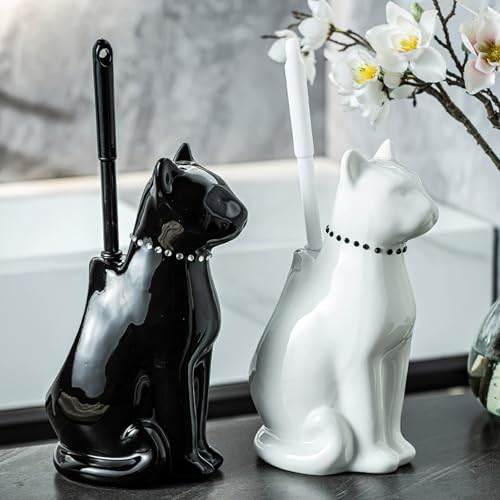 Cat Toilet Brush Holder - Ceramic Whimsical Feline Design with Wide-Mouth Storage, Black Toilet Bowl Brush and Holder Set Cute for Bathroom Ground, Easy-Clean Cat Lover Gift (Black)