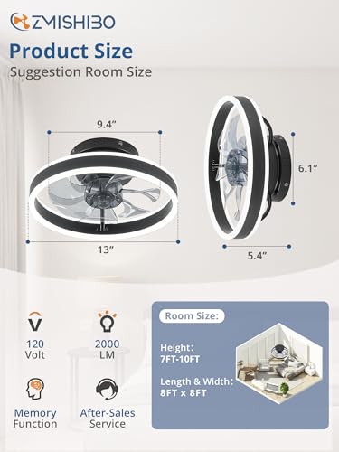 ZMISHIBO Low Profile Ceiling Fans with Lights and Remote, 13 Inch Fandelier Ceiling Fan with Light, Black Modern Flush Mount Ceiling Fan, Small Dimmable LED Fan Lights for Bedroom - color: Black, size: 13 INCH