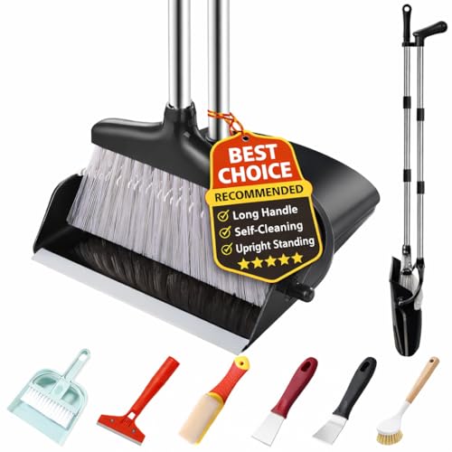 Broom and Dustpan Set with Long Handle and 6 Bonus Cleaning Tools, Upright Standing Combo with Self-Cleaning Teeth & Windproof Dustpan for Pet Hair, Home, Kitchen, Garage, Apartment - color: Black&grey