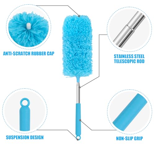 Mini Microfiber Duster for Cleaning, Hand Duster with Extension Pole, Washable Small Duster for Car Interior, Office, Furniture - color: Blue