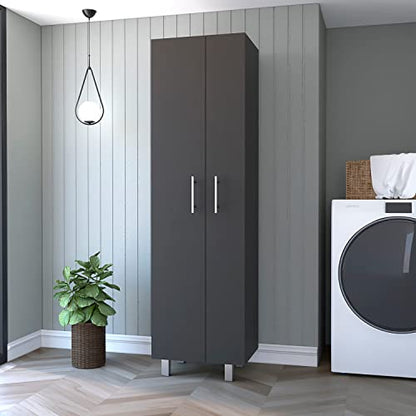 FM FURNITURE Norway Broom Closet Pantry, Five Shelves, Double Door Cabinet,Black/White -Kitchen Room