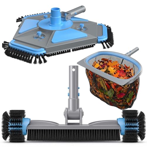 UIRWAY 3-in-1 Deluxe Swimming Pool Cleaning Kit - Includes Upgrade Heavy Duty Triangular Pool Vacuum Head, Detachable Brush, Deep Leaf Skimmer Net Inground & Above Ground Pools Cleaning(No Pole) - size: 13.5" Vacuum Head