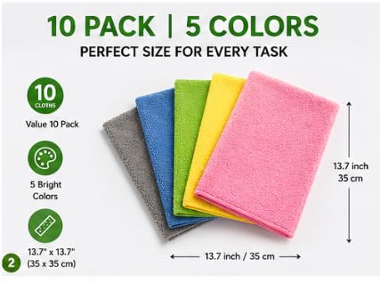 ADFOS Microfiber Cleaning Cloths 10 Pack, 5 Colors, Ultra Absorbent Reusable Towels for Car, Kitchen, Glass, Bathroom, 13.7 x 13.7 Inch