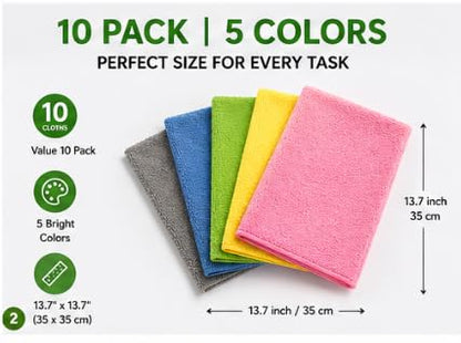 ADFOS Microfiber Cleaning Cloths 10 Pack, 5 Colors, Ultra Absorbent Reusable Towels for Car, Kitchen, Glass, Bathroom, 13.7 x 13.7 Inch