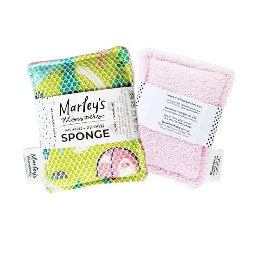 Marley's Monsters Washable Sponge – Reusable Eco-Friendly Scrubber – Dual-Sided for Gentle Cleaning or Heavy Duty Scrubbing – 4" x 5.5" Handmade in USA(Surprise Prints/Blush Pink Back) - color: Surprise Prints / Blush Pink