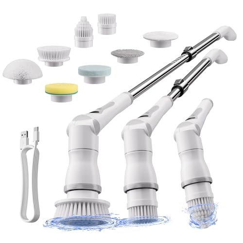 JOYMOOP Electric Spin Scrubber, 450 RPM Cordless Cleaning Brush with Power LCD Display, 9 Brush Heads Waterproof Power Scrubber with 90-Min Runtime, Adjustable Long Handle for Bathtub, Floor, Kitchen - color: White&grey, size: 9 replacement Heads