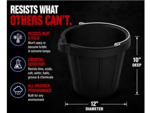 Bon Heavy Duty Rubber Pail with Pouring Lip 12 qt. Flexible Molded Construction Bucket Chemical Resistant 12 in. Diameter x 10 in. Deep