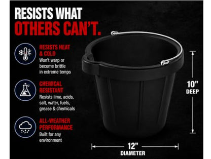 Bon Heavy Duty Rubber Pail with Pouring Lip 12 qt. Flexible Molded Construction Bucket Chemical Resistant 12 in. Diameter x 10 in. Deep