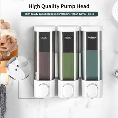 3 in 1 Wall Mounted Shower Dispenser, 3 x 10 oz Shampoo Body Wash Conditioner Pump, No Drill for Bathroom & Kitchen - color: White