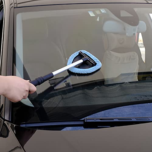 POLYTE Pivoting Windshield Glass Cleaning Tool Extendable Aluminum Handle w/9 Premium Microfiber Covers, Triangle Plate
